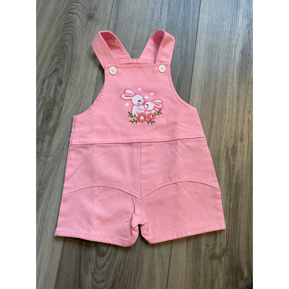 Farfalla Kids Pink Denim Bunny Embroidered Shortall Overalls Size L Pink